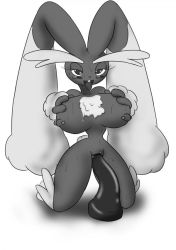 Rule 34 | 1girl, animal ears, blush, grabbing another&#039;s breast, breasts, creatures (company), dildo, female focus, full body, furry, furry female, game freak, gen 4 pokemon, grabbing, large breasts, lopunny, monochrome, nintendo, nipples, pokemon, pokemon (creature), pussy, rabbit ears, sex toy, smile, solo, vaginal, white background