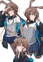Rule 34 | 1girl, :d, :o, absurdres, amiya (arknights), animal ears, arknights, armpit crease, ascot, bare shoulders, black choker, black coat, black pantyhose, blue ascot, blue eyes, blue skirt, blush, breasts, brown hair, choker, closed mouth, coat, commentary, contrapposto, cowboy shot, cropped legs, feet out of frame, flustered, from side, hair between eyes, hair flowing over, half-closed eyes, hand on own forehead, hand up, hands in own hair, hands on own cheeks, hands on own face, hands up, happy, highres, infection monitor (arknights), long hair, long sleeves, looking afar, looking ahead, looking at viewer, looking to the side, low ponytail, miniskirt, multiple views, off shoulder, open clothes, open coat, open mouth, outline, pantyhose, pleated skirt, pocket, rabbit ears, rabbit girl, ribbed sweater, shadow, sideboob, sidelocks, simple background, skirt, sleeveless, sleeveless sweater, small breasts, smile, standing, sweater, thighlet, tobildesu, turning head, two-sided coat, two-sided fabric, upper body, very long hair, white background, white outline, white sweater, wide sleeves