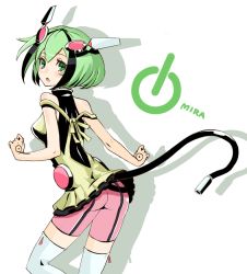 Rule 34 | 10s, 1girl, android, ass, bike shorts, black hair, blush, boots, breasts, cable, cable tail, dimension w, green eyes, green hair, headgear, matching hair/eyes, mechanical tail, multicolored hair, open mouth, pink shorts, power symbol, shadow, short hair, shorts, simple background, small breasts, solo, strap slip, tail, takamine nadare, thighhighs, two-tone hair, white footwear, white thighhighs, yurizaki mira
