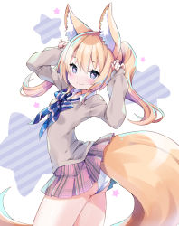 Rule 34 | 1girl, amimi, animal ear fluff, animal ears, arms up, ass, blonde hair, blue eyes, blush, clothes lift, commission, fox ears, fox girl, fox tail, grey sweater, hands on own head, highres, lifting own clothes, lifted by tail, long hair, miniskirt, original, panties, plaid, plaid skirt, red skirt, school uniform, shirt, skeb commission, skirt, skirt lift, smile, solo, sweater, tail, thighs, twintails, underwear, white panties, white shirt