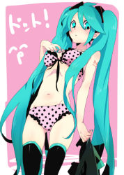 Rule 34 | 1girl, bad id, bad pixiv id, blue eyes, blue hair, blush, bra, hatsune miku, lace, lace-trimmed panties, lace trim, lingerie, long hair, matching hair/eyes, numeri, panties, pink panties, polka dot, polka dot bra, polka dot panties, solo, thighhighs, twintails, underwear, underwear only, undressing, vocaloid