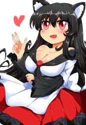 Rule 34 | 1girl, animal ears, bad id, bad pixiv id, bare shoulders, black hair, blouse, breasts, cleavage, collarbone, highres, imaizumi kagerou, large breasts, layered sleeves, long hair, long sleeves, motsu (selshia12), off shoulder, red eyes, red skirt, shirt, short over long sleeves, short sleeves, skirt, solo, touhou, very long hair, white shirt, wolf ears