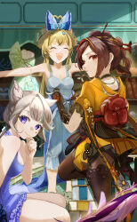 Rule 34 | 3girls, :3, :d, ^ ^, absurdres, ahoge, animal ears, bare shoulders, blonde hair, blue bow, blue dress, blue eyes, bow, brown hair, cat ears, chiori (genshin impact), closed eyes, commentary, dress, fusyo fuka, genshin impact, grey hair, hair bow, haori, heart, heart ahoge, highres, indoors, japanese clothes, kirara (genshin impact), lynette (genshin impact), multiple girls, open mouth, outstretched arms, pantyhose, sitting, smile, thighs