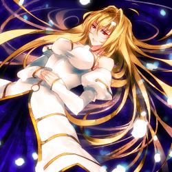 Rule 34 | 00s, 1girl, antenna hair, archetype earth, arcueid brunestud, bare shoulders, blonde hair, breasts, detached sleeves, dress, hair intakes, highres, large breasts, long hair, lying, melty blood, on back, own hands together, petals, puffy sleeves, red eyes, shirt, solo, strapless, strapless dress, tamachi kuwa, taut clothes, taut shirt, tsukihime, very long hair, white dress
