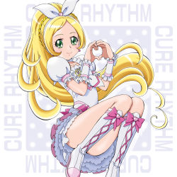 Rule 34 | 10s, 1girl, blonde hair, boo (takagi), boots, bow, braid, brooch, character name, choker, cure rhythm, frilled skirt, frills, full body, green eyes, hair bow, hair ornament, hairband, heart, heart hair ornament, heart hands, highres, jewelry, knee boots, long hair, looking at viewer, magical girl, minamino kanade, pink bow, precure, puffy sleeves, skirt, smile, solo, suite precure, white bow, white choker, white footwear, wrist cuffs