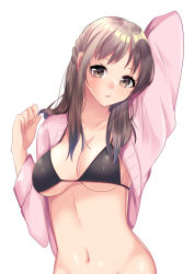 Rule 34 | 1girl, arm up, black bra, blush, bra, breasts, brown eyes, brown hair, cleavage, collarbone, commentary request, head tilt, jacket, long hair, looking at viewer, medium breasts, misaki (misaki86), navel, open clothes, open jacket, original, out-of-frame censoring, parted lips, pink jacket, simple background, solo, underwear, upper body, white background