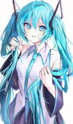 Rule 34 | 1girl, bare shoulders, blue eyes, blue hair, blush, breasts, detached sleeves, grin, hatsune miku, holding, holding own hair, irohatomo, long hair, looking at viewer, necktie, simple background, skirt, smile, solo, very long hair, vocaloid, white background