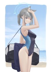 Rule 34 | 1girl, absurdres, animal ear fluff, animal ears, bag, beach, black one-piece swimsuit, blue archive, blue eyes, blue sky, breasts, cloud, competition swimsuit, covered navel, cowboy shot, cross hair ornament, day, extra ears, grey hair, hair ornament, halo, highres, horizon, low ponytail, medium breasts, medium hair, mismatched pupils, multicolored clothes, multicolored swimsuit, ocean, one-piece swimsuit, outdoors, shiroko (blue archive), shiroko (swimsuit) (blue archive), sky, solo, swimsuit, yueyue no hand