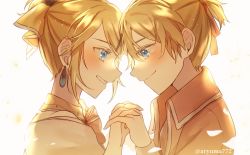 Rule 34 | 1boy, 1girl, allen avadonia, aryuma772, backlighting, blonde hair, blue eyes, blush, bow, brother and sister, dress bow, earrings, evillious nendaiki, face-to-face, good twins day, hair ornament, hairclip, highres, holding hands, interlocked fingers, jacket, jewelry, kagamine len, kagamine rin, orange jacket, petals, riliane lucifen d&#039;autriche, short ponytail, siblings, sidelocks, twins, updo, vocaloid