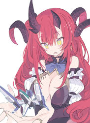 Rule 34 | 1girl, bare shoulders, blade (galaxist), blush, bow, bowtie, breasts, commentary request, detached sleeves, earrings, fang, hair between eyes, horns, jewelry, large breasts, long hair, long sleeves, magrona, magrona channel, parted lips, puffy short sleeves, puffy sleeves, purple bow, purple bowtie, red hair, ring, short sleeves, simple background, skin fang, solo, upper body, virtual youtuber, white background, yellow eyes