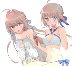 Rule 34 | 2girls, :d, ahoge, artoria pendragon (fate), artoria pendragon (swimsuit archer) (fate), artoria pendragon (swimsuit archer) (first ascension) (fate), bikini, blonde hair, blue ribbon, blush, braid, criss-cross halter, dress, eka eri, fate/grand order, fate (series), food, green eyes, hair intakes, hair ribbon, halterneck, holding, holding food, holding utensil, ice cream cone, looking at another, midriff, multiple girls, nero claudius (fate), nero claudius (fate) (all), nero claudius (swimsuit caster) (fate), nero claudius (swimsuit caster) (third ascension) (fate), open mouth, ribbon, simple background, smile, swimsuit, white background, white bikini, white dress, white ribbon