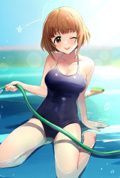Rule 34 | 1girl, absurdres, arm support, bare arms, bare shoulders, barefoot, blue one-piece swimsuit, blunt bangs, blush, breasts, brown eyes, brown hair, cleavage, collarbone, commentary request, highres, hose, idolmaster, idolmaster cinderella girls, kitami yuzu, large breasts, looking at viewer, medium breasts, one-piece swimsuit, one eye closed, pool, school swimsuit, short hair, sitting, smile, solo, swimsuit, tongue, tongue out, wariza, water, yuzuhota0313