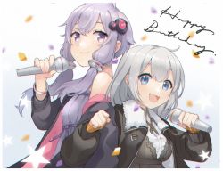 Rule 34 | 2girls, :d, binchou maguro, black dress, black jacket, blue eyes, breasts, clenched hand, closed mouth, collared shirt, commentary request, confetti, dress, eyebrows hidden by hair, gradient background, grey background, grey hair, hair ornament, happy birthday, holding, holding microphone, jacket, kizuna akari, long hair, long sleeves, looking at viewer, medium breasts, microphone, multiple girls, off shoulder, open clothes, open jacket, open mouth, puffy long sleeves, puffy sleeves, purple dress, purple eyes, purple hair, shirt, small breasts, smile, star (symbol), upper body, vocaloid, voiceroid, white background, white shirt, yuzuki yukari