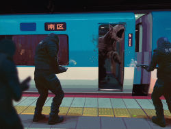 Rule 34 | 3others, ambiguous gender, black footwear, black pants, black vest, blood, claws, firing, from behind, gun, helmet, holding, holding gun, holding weapon, long sleeves, monster, multiple others, open mouth, original, pants, sharp teeth, teeth, toy(e), train, translated, vest, weapon, yuugai choujuu