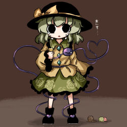 Rule 34 | 1girl, black eyes, black footwear, black hat, blouse, boots, bow, brown background, buttons, crying, crying with eyes open, diamond button, expressionless, eyeball, floral print, food, frilled shirt collar, frilled skirt, frilled sleeves, frills, full body, green skirt, hat, hat bow, hat ribbon, heart, heart of string, heripantomorrow, ice cream, ice cream cone, ice cream cone spill, komeiji koishi, light green hair, long sleeves, looking at viewer, medium hair, open mouth, ribbon, rose print, shirt, skirt, solo, standing, tears, third eye, touhou, wavy hair, wide sleeves, yellow bow, yellow ribbon, yellow shirt