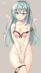 Rule 34 | 10s, 1girl, aqua eyes, aqua hair, bad id, bad twitter id, bare shoulders, blush, bow, bow bra, bow panties, bra, breasts, cleavage, collarbone, commentary request, covering privates, covering crotch, eyebrows, hair ornament, hairclip, highres, kantai collection, lace, lace-trimmed bra, lace-trimmed panties, lace trim, long hair, looking at viewer, medium breasts, navel, off shoulder, open mouth, panties, panties around leg, pink bra, pink panties, rin yuu, smile, solo, standing, strap slip, suzuya (kancolle), sweat, underwear, underwear only, v arms