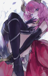 Rule 34 | 1girl, absurdres, arm between legs, aura (sousou no frieren), black gloves, black skirt, black thighhighs, braid, breasts, cleavage, commentary request, convenient leg, demon horns, elbow gloves, foot out of frame, gloves, grin, highres, holding, holding sword, holding weapon, horns, knees up, long hair, looking at viewer, medium breasts, pink hair, purple eyes, siuroi, skirt, smile, solo, sousou no frieren, sword, thighhighs, weapon