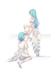 Rule 34 | 2girls, absurdres, aqua hair, bang dream!, bow, braid, commentary request, dress, green eyes, highres, hikawa hina, hikawa sayo, long hair, looking at another, looking up, medium hair, multiple girls, short sleeves, siblings, sisters, twins, waist bow, walluka, white background, white bow, white dress
