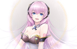 Rule 34 | 1girl, :d, arm strap, bare shoulders, blue eyes, breasts, cleavage, collarbone, commentary request, corset, detached collar, gradient background, grey background, hair ornament, highres, kemokain, looking at viewer, medium breasts, megurine luka, megurine luka (vocaloid4), number tattoo, open mouth, pink hair, shoulder tattoo, smile, solo, straight hair, strapless, tattoo, underbust, upper body, v4x, vocaloid