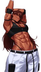 Rule 34 | 1girl, abs, absurdres, ahoge, armpits, breasts, brown hair, choker, closed eyes, cross, cross necklace, dark-skinned female, dark skin, highres, jewelry, long hair, medium breasts, muscular, muscular female, navel, necklace, original, pants, scar, simple background, solo, sotcho, sports bra, stretching, white background