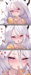 Rule 34 | 1boy, 1girl, 3koma, absurdres, artist name, blue archive, blush, comic, commentary, demon horns, finger in another&#039;s mouth, grey hair, hair between eyes, heart, heart-shaped pupils, hetero, highres, hina (blue archive), hina (pajamas) (blue archive), holding hands, horns, interlocked fingers, licking, licking finger, looking at viewer, nekoya (liu), pink eyes, pov, pov hands, saliva, silent comic, simple background, sound effects, symbol-shaped pupils, twintails, white background