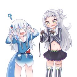 Rule 34 | 2girls, ?, animal costume, animal hood, black skirt, blue hair, blue hoodie, blunt bangs, blush, bow, bowtie, choppy bangs, cropped shirt, embarrassed, feet out of frame, fins, fish tail, gawr gura, gawr gura (1st costume), grey hair, grey shirt, grey thighhighs, hair bun, hair ornament, half updo, highres, holding, holding clothes, holding swimsuit, hololive, hololive english, hood, hoodie, long hair, long sleeves, lowleg, lowleg skirt, midriff, miniskirt, multicolored hair, multiple girls, murasaki shion, murasaki shion (1st costume), nervous sweating, no cape, no headwear, no pants, pink bow, pink bowtie, pinstripe pattern, pinstripe shirt, shark costume, shark hair ornament, shark hood, shark tail, sharp teeth, shirt, side up bun, sidelocks, simple background, single side bun, skirt, spoken question mark, streaked hair, striped clothes, striped shirt, striped thighhighs, sweat, swimsuit, tail, takatsurt, teeth, thighhighs, two side up, unworn bikini top, vertical-striped clothes, vertical-striped shirt, vertical-striped thighhighs, virtual youtuber, white background, wide sleeves, yellow eyes
