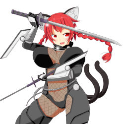 Rule 34 | 1girl, animal ears, bad anatomy, bodysuit, braid, breasts, cat ears, cat tail, contrapposto, dual wielding, fang, fishnet bodysuit, fishnets, highres, himenomikan, holding, kaenbyou rin, long hair, multiple tails, ninja, red hair, skin fang, solo, sword, tail, taimanin suit, touhou, twin braids, weapon