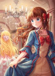 Rule 34 | 2girls, :o, absurdres, ahoge, blonde hair, blue choker, blue dress, blue eyes, blurry, blurry background, blush, bow, brown eyes, candle, chandelier, choker, dress, facing away, fire, fire, flower, hair bow, hair flower, hair ornament, highres, indoors, jewelry, long hair, looking to the side, menna (0012), multiple girls, original, red bow, ring, skirt hold, standing, tile floor, tiles, very long hair, white dress