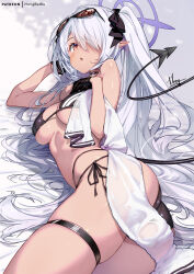 Rule 34 | 1girl, bikini, black bikini, blue archive, breasts, commentary request, eyewear on head, hair over one eye, hong (white spider), iori (blue archive), iori (swimsuit) (blue archive), lying, medium breasts, official alternate costume, red eyes, solo, sunglasses, swimsuit, tail, thigh strap, twintails, white hair