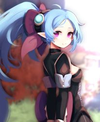 Rule 34 | 1girl, arms behind back, back bow, blue hair, blurry, blurry background, bow, cleavage cutout, closed mouth, clothing cutout, dungeon and fighter, from side, grass, hair bow, highres, hwaryeok, long hair, looking at viewer, niu (dungeon and fighter), outdoors, ponytail, purple eyes, smile, solo