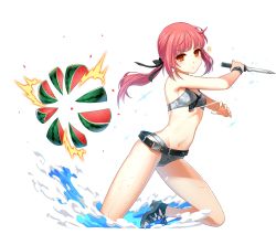 Rule 34 | 1girl, absurdres, belt, bikini, black bow, bow, closers, floating hair, food, fruit, grey bikini, groin, hair bow, highres, holding, holding knife, knife, long hair, navel, official art, orange eyes, ponytail, red hair, simple background, solo, swimsuit, tina (closers), watch, watermelon, white background, wristwatch
