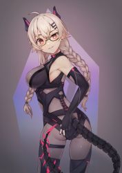 Rule 34 | 1girl, ahoge, ass, bare shoulders, black nails, bodystocking, bodysuit, braid, braided ponytail, breasts, ear piercing, gloves, grey bodysuit, hair ornament, hairclip, highres, impossible bodysuit, impossible clothes, indie virtual youtuber, large breasts, looking at viewer, looking back, mechanical ears, mechanical tail, nail polish, nopae, partially fingerless gloves, piercing, saruei (vtuber), scar, scar across eye, scar on face, solo, tail, twintails, virtual youtuber