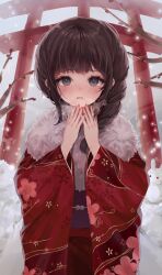 Rule 34 | 1girl, absurdres, bare tree, black eyes, blush, braid, braided ponytail, breath, brown hair, commentary, floral print, fur-trimmed kimono, fur trim, furisode, hair over shoulder, hands up, highres, japanese clothes, kimono, long hair, long sleeves, looking at viewer, nail art, nail polish, new year, nichino, obi, open mouth, original, outdoors, print kimono, red kimono, red nails, sash, side braid, sidelocks, single braid, snow, snow rabbit, solo, torii, tree, wide sleeves, winter