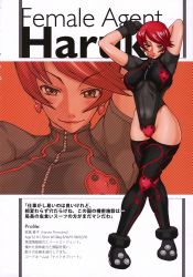 Rule 34 | 1girl, arms up, black thighhighs, blush, breasts, brown eyes, crossed legs, earrings, gloves, heart, highres, jewelry, large breasts, leotard, lipstick, majimadou, makeup, matou, momojima haruko, original, red hair, short hair, sitting, smile, solo, standing, stats, thighhighs, tight clothes, zipper, zoom layer