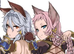 Rule 34 | 10s, 2girls, animal ears, asanagi, back, backless outfit, blue eyes, braid, cat ears, erune, from behind, granblue fantasy, hair between eyes, hair ornament, hair tubes, hairband, heles, holding, holding own hair, long hair, looking at viewer, looking back, multiple girls, orange eyes, parted lips, pink hair, shoulder pads, silver hair, simple background, smile, spikes, tien (granblue fantasy), twin braids, unfinished, upper body, white background