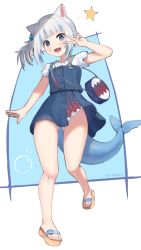 Rule 34 | 1girl, animal ears, bag, blue bag, blue eyes, blue hair, blue nails, blush, cat ears, fins, fish tail, gawr gura, gawr gura (casual), gluteal fold, gradient clothes, handbag, highres, hololive, hololive english, multicolored hair, nail polish, official alternate costume, overalls, sandals, shark tail, sharp teeth, short hair, side ponytail, solo, star (symbol), stitches, streaked hair, tail, teeth, toenail polish, toenails, twitter username, upper teeth only, v, v over eye, virtual youtuber, wersman, white hair