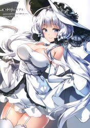 Rule 34 | 1girl, absurdres, azur lane, bare shoulders, blue eyes, breasts, choker, cleavage, dress, elbow gloves, elbow pads, garter straps, gloves, hair ornament, hat, highres, holding, holding clothes, holding skirt, illustrious (azur lane), large areolae, large breasts, long hair, long sleeves, looking at viewer, mole, mole under eye, riichu, silver hair, simple background, skirt, smile, solo, strapless, strapless dress, thighhighs, white dress, white gloves, white thighhighs