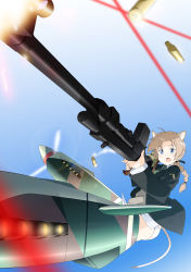 Rule 34 | 1girl, absurdres, animal ears, anti-materiel rifle, bad id, bad pixiv id, blue eyes, braid, brown hair, bullet, casing ejection, cat ears, firing, flying, foreshortening, gun, highres, lens flare, lynette bishop, motion blur, mousou (mousou temporary), muzzle flash, open mouth, panties, rifle, shell casing, single braid, sniper rifle, solo, strike witches, striker unit, underwear, weapon, world witches series