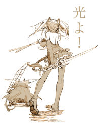 Rule 34 | 1girl, bad id, bad pixiv id, brown theme, chibi, detached sleeves, dissidia final fantasy, dual wielding, final fantasy, final fantasy i, garland (ff1), hatsune miku, holding, horns, monochrome, nanami (fuku), simple background, skirt, sword, thighhighs, twintails, vocaloid, weapon, white background