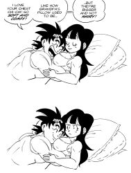 Rule 34 | 1boy, 1girl, between breasts, blunt bangs, breast pillow, breasts, chi-chi (dragon ball), closed eyes, comic, commentary, dragon ball, dragonball z, english commentary, english text, frown, funsexydb, hair down, head between breasts, head on chest, hetero, highres, hime cut, hug, husband and wife, large breasts, lying, lying on person, monochrome, muscular, muscular male, on back, open mouth, pillow, smile, son goku, tank top