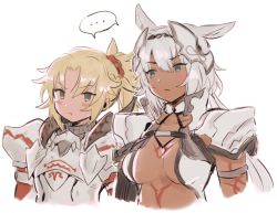Rule 34 | 2girls, animal ears, armor, blonde hair, blue eyes, braid, breasts, caenis (fate), cleavage, commentary request, dark-skinned female, dark skin, fate/apocrypha, fate/grand order, fate (series), french braid, gauntlets, green eyes, hair intakes, hair ornament, hair scrunchie, hairband, headgear, large breasts, long hair, mordred (fate), mordred (fate/apocrypha), multiple girls, pixiv fate/grand order contest 2, red scrunchie, roby (lilirenzu), scrunchie, shoulder armor, tattoo, upper body, white background, white hair
