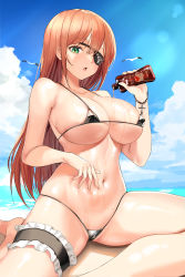Rule 34 | 1girl, absurdres, bad id, bad pixiv id, bare legs, barefoot, beach, bikini, black bikini, blue sky, bottle, breasts, bridal garter, brown hair, cleavage, commission, day, eyepatch, green eyes, halterneck, hand on own stomach, hand up, highres, holding, holding bottle, large breasts, lillly, long hair, looking at viewer, lotion, lotion bottle, micro bikini, navel, open mouth, original, outdoors, sitting, sky, solo, stomach, string bikini, sunscreen, swimsuit, thighs, underboob, very long hair, wet