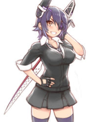 Rule 34 | 10s, 1girl, bad id, bad pixiv id, black skirt, breasts, brown eyes, checkered clothes, checkered necktie, checkered neckwear, cowboy shot, eyepatch, fingerless gloves, folks (nabokof), gloves, grin, hand on own hip, headgear, holding, holding sword, holding weapon, kantai collection, looking at viewer, medium breasts, necktie, purple hair, school uniform, short hair, simple background, skirt, sleeves rolled up, smile, solo, standing, sword, tenryuu (kancolle), thighhighs, weapon, white background