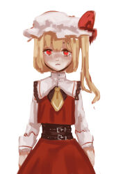 Rule 34 | 1girl, absurdres, adapted costume, ascot, blonde hair, closed mouth, collared shirt, cowboy shot, crystal, flandre scarlet, frilled shirt collar, frills, full of energy, hat, highres, jewelry, long hair, long sleeves, looking at viewer, making-of, mob cap, multicolored wings, one side up, red eyes, red skirt, red vest, ring, shirt, simple background, skirt, skirt set, solo, touhou, vest, white background, white hat, white shirt, wings, yellow ascot
