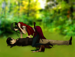 Rule 34 | 1boy, 1girl, big bad wolf, black hair, couple, girl on top, grass, green hair, grimm&#039;s fairy tales, gun, hand on another&#039;s stomach, hand on own stomach, hetero, high heels, little red riding hood, little red riding hood (grimm), lying, on back, personification, shoes, torihara shuu, torishima, weapon