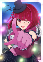 Rule 34 | 1girl, ;d, absurdres, arima kana, black hat, black ribbon, black skirt, blurry, blurry background, blush, bob cut, border, commentary request, fangs, floating hair, frilled skirt, frills, gloves, hand on own hip, hat, hat ribbon, highres, idol, idol clothes, inverted bob, lens flare, looking at viewer, making-of available, medium hair, mini hat, mini top hat, one eye closed, open mouth, oshi no ko, outside border, pink gloves, pleated skirt, pointing, pointing at viewer, puffy short sleeves, puffy sleeves, purple shirt, red eyes, red hair, ribbon, shirt, short sleeves, skirt, smile, solo, top hat, white border, yamatyan0321