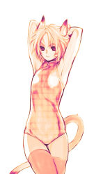 Rule 34 | 00s, 1girl, animal ears, armpits, arms behind head, bad id, bad pixiv id, casual one-piece swimsuit, cat ears, cat girl, cat tail, china dress, chinese clothes, doraeshi, dress, face, final fantasy, final fantasy xi, flat chest, mithra (ff11), monochrome, one-piece swimsuit, simple background, solo, swimsuit, tail, thighhighs