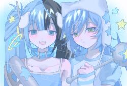 Rule 34 | 1boy, 1girl, animal ears, animal hat, belt, belt collar, black hair, blue background, blue belt, blue camisole, blue eyes, blue hair, blush, camisole, cat hat, closed mouth, collar, collarbone piercing, commission, dog ears, fangs, green eyes, hat, holding mace, indie virtual youtuber, internet explorer, juriken, long hair, looking at viewer, mace, meidodown, mole, mole under eye, multicolored hair, nell (meidodown), open mouth, original, skeb commission, smile, spiked mace, spikes, split-color hair, star (symbol), twintails, upper body, virtual youtuber, weapon, white headwear
