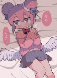 Rule 34 | 1girl, averting eyes, bare shoulders, bed sheet, blush, bow, bow choker, clenched hands, commentary request, datenshi-chan (nanawo akari), double bun, feathered wings, feet out of frame, grey bow, grey skirt, hair between eyes, hair bow, hair bun, highres, knees together feet apart, long sleeves, low wings, lying, midriff peek, navel, off-shoulder sweater, off shoulder, on back, original, own hands together, parody, parted lips, pink eyes, pink hair, pink sweater, pleated skirt, richard (richaball), skirt, sleeves past wrists, solo, sound effects, style parody, sweater, terada tera (style), translation request, white wings, wings