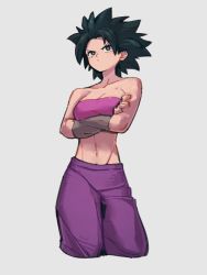Rule 34 | 1girl, bandeau, bare shoulders, black eyes, black hair, breasts, caulifla, cleavage, closed mouth, collarbone, crossed arms, dragon ball, dragon ball super, grey background, kemachiku, medium breasts, midriff, navel, pink bandeau, short hair, simple background, solo